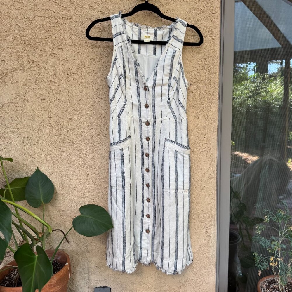 Anthropologie Maeve Textured Striped Blue and White linen midi shirt dress 4P